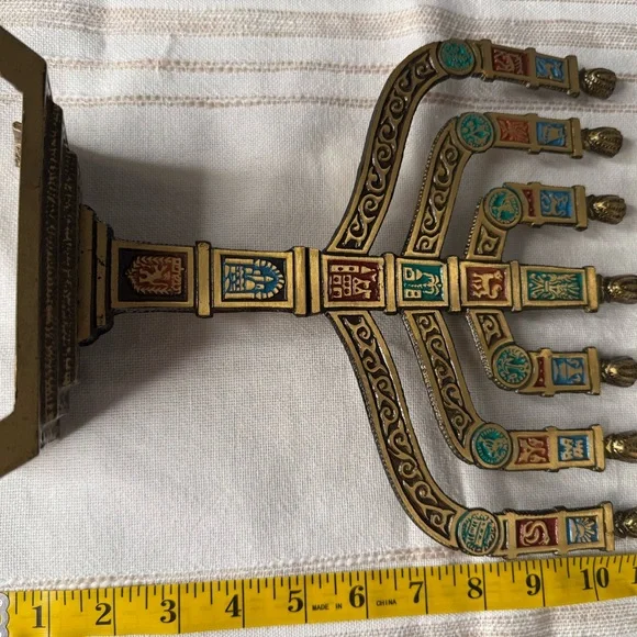 Vintage Brass Menorah Judaica Hanukkah 12 tribes of Israel “HOLY LAND JERUSALEM“ - Picture 7 of 9
